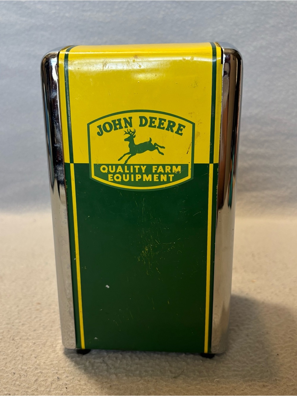 John Deere Quality Farm Equipment Green and Yellow Vtg. Metal Napkin Holder